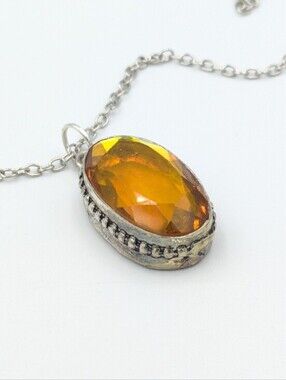 Vintage 925 sterling silver orange rhinestone pendant necklace